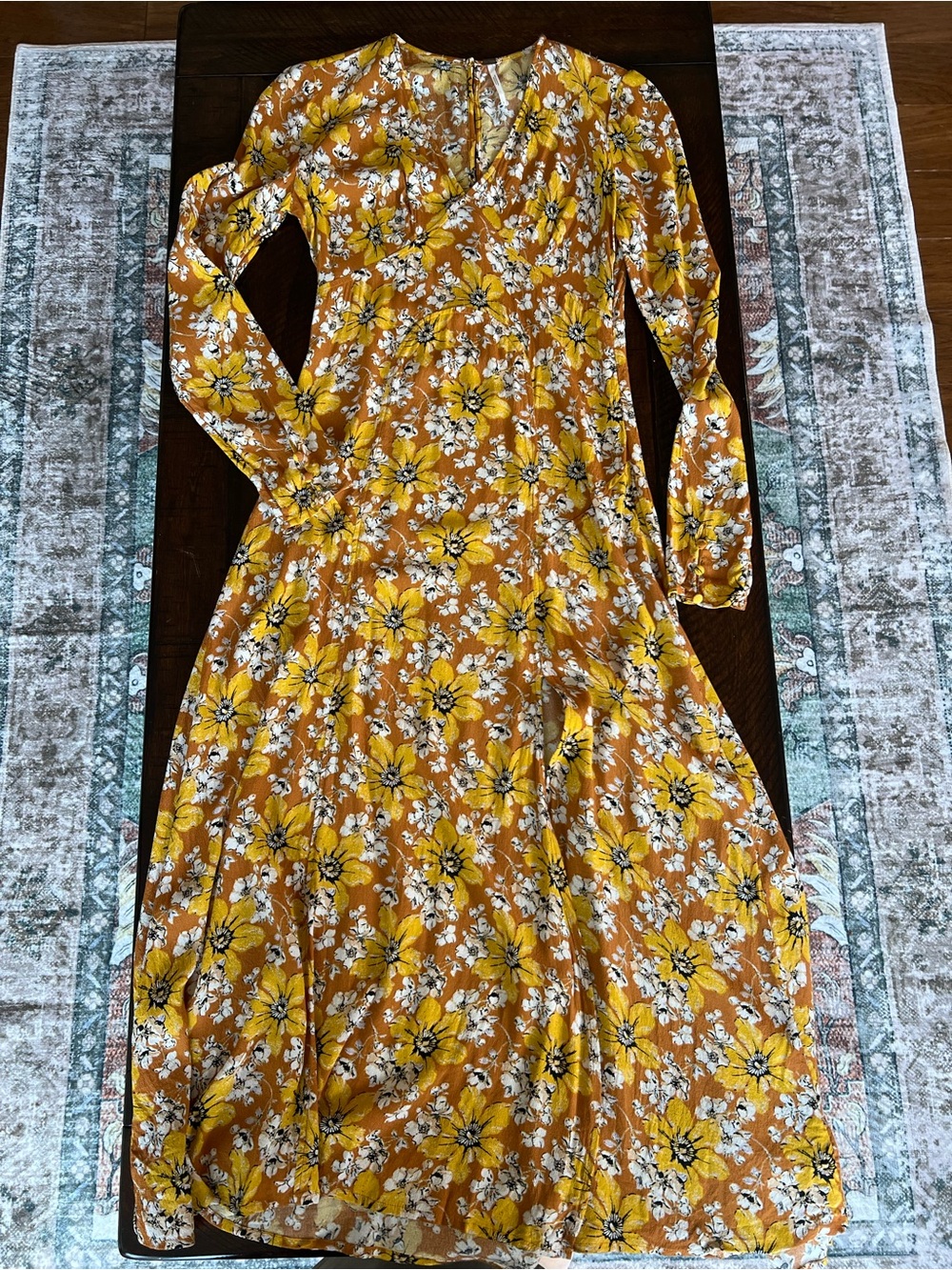 Free People Mustard Floral Long Sleeve Midi Dress Size 2 Boho